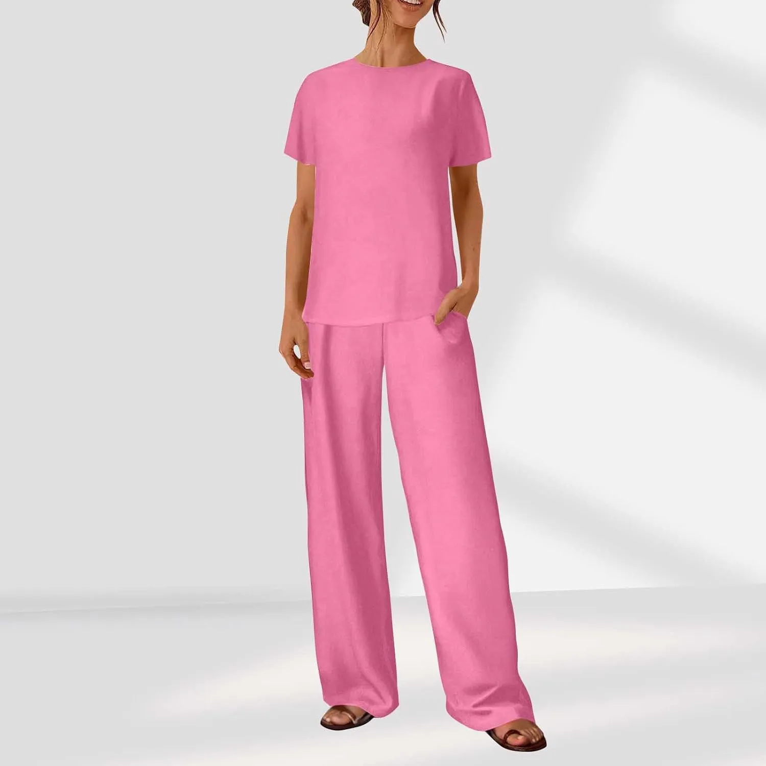 Lightweight Summer Lounge Sets for Women Gauze 2 Piece Outfits Short Sleeve Tops Wide Leg Pants with Pockets