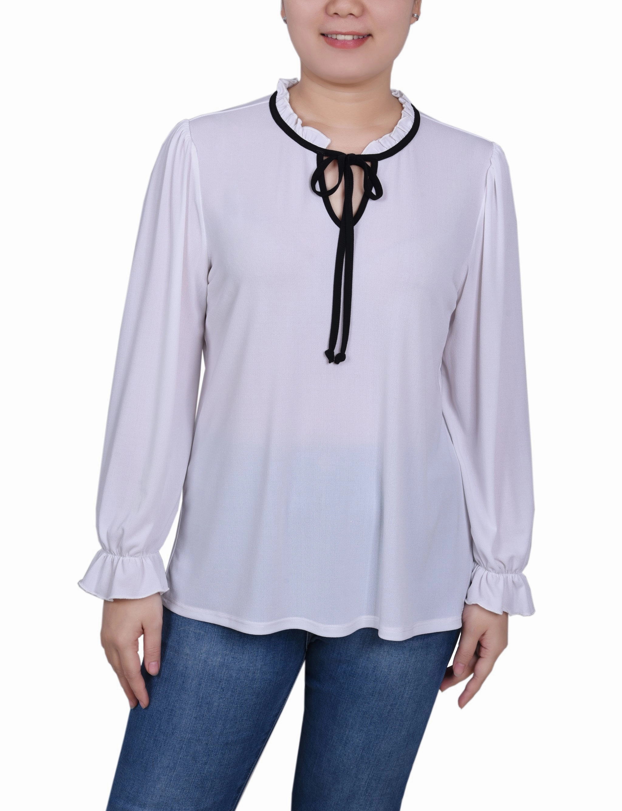 Petite Long Sleeve Tie Neck Top FoamReinforcedCollar