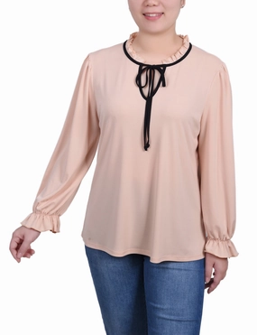 Simple Shirt Petite Long Sleeve Tie Neck Top