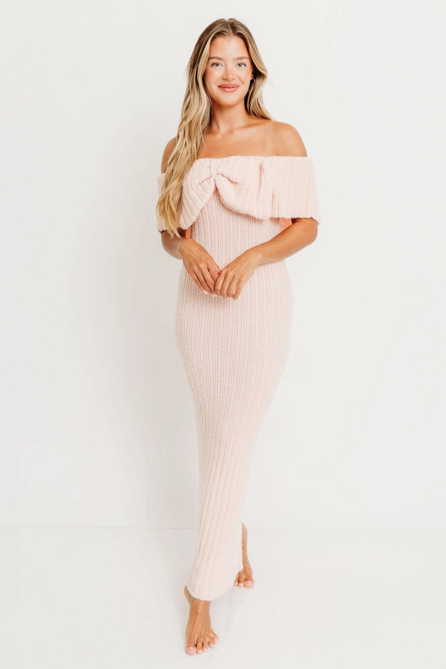 Aston Bow Front Maxi Sweater Dress in Pinkish Petal  Bump Friendly & Inclusive Sizing (S-3XL) Grace Soft Sophisticated Wear