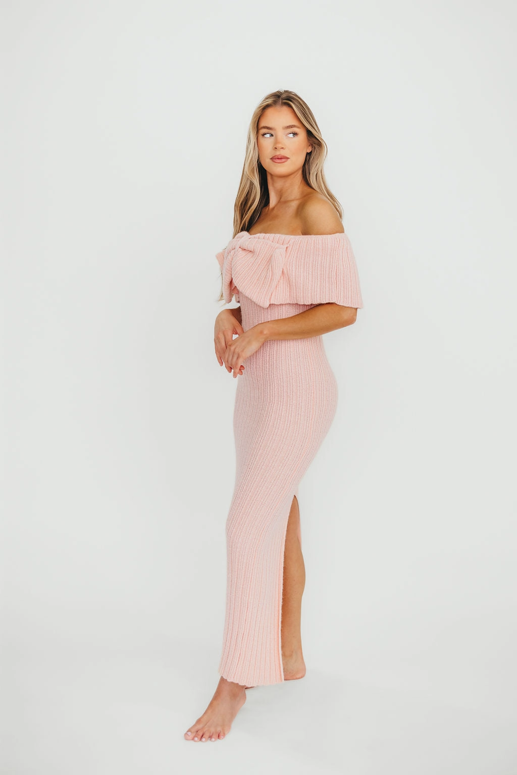 Aston Bow Front Maxi Sweater Dress in Pinkish Petal  Bump Friendly & Inclusive Sizing (S-3XL) Comfy Style