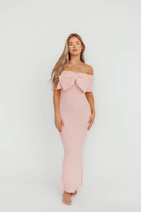 Aston Bow Front Maxi Sweater Dress in Pinkish Petal  Bump Friendly & Inclusive Sizing (S-3XL) Countryside-Style