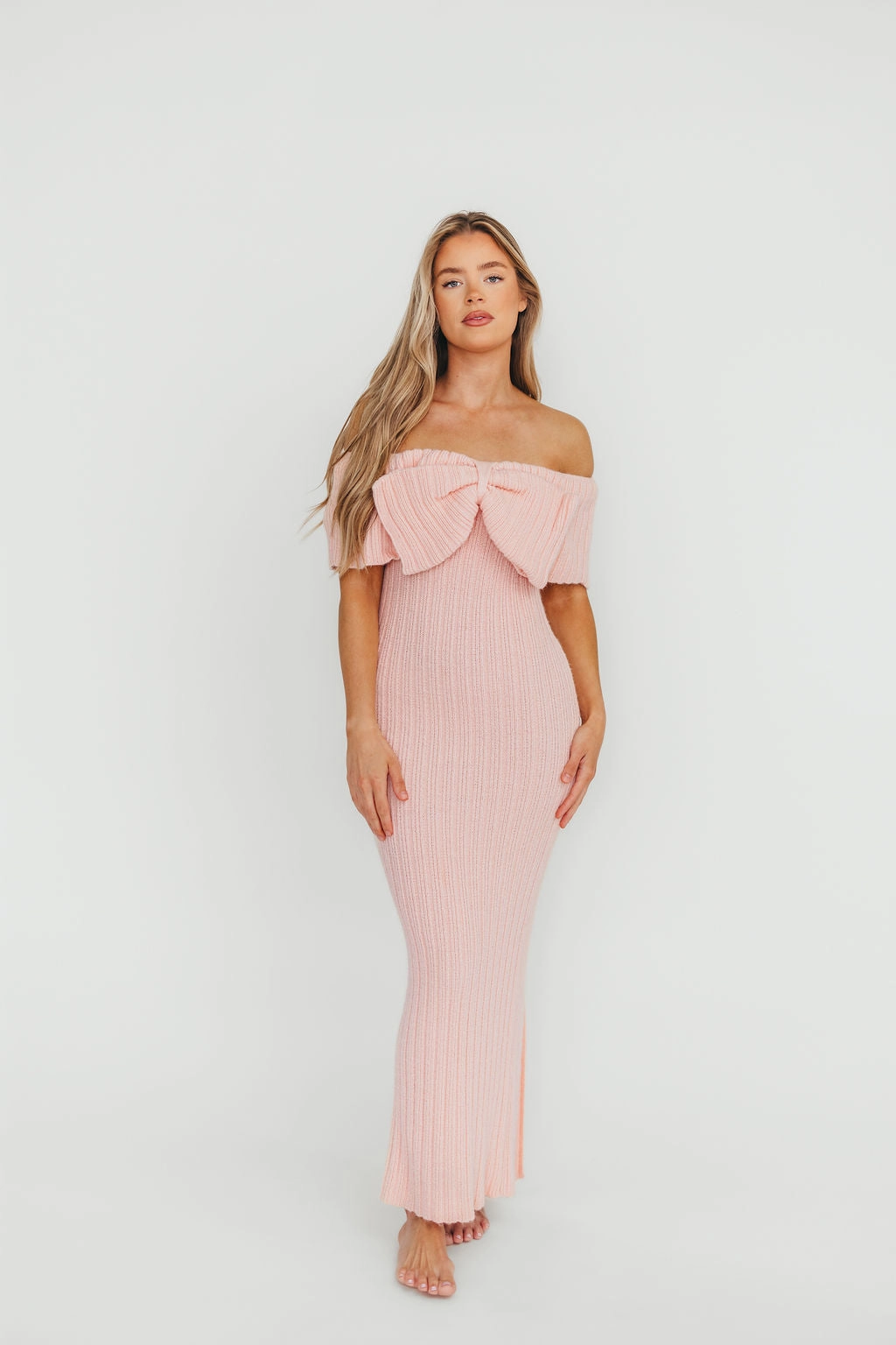 Aston Bow Front Maxi Sweater Dress in Pinkish Petal  Bump Friendly & Inclusive Sizing (S-3XL) Countryside-Style