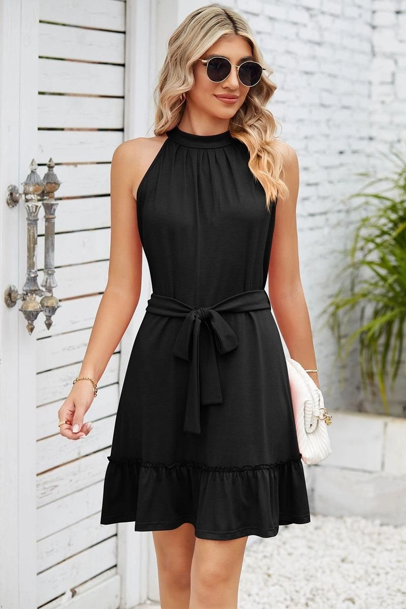 SOLID COLOR RUFFLED HALTER DRESS Airy Comfort Calm Flow