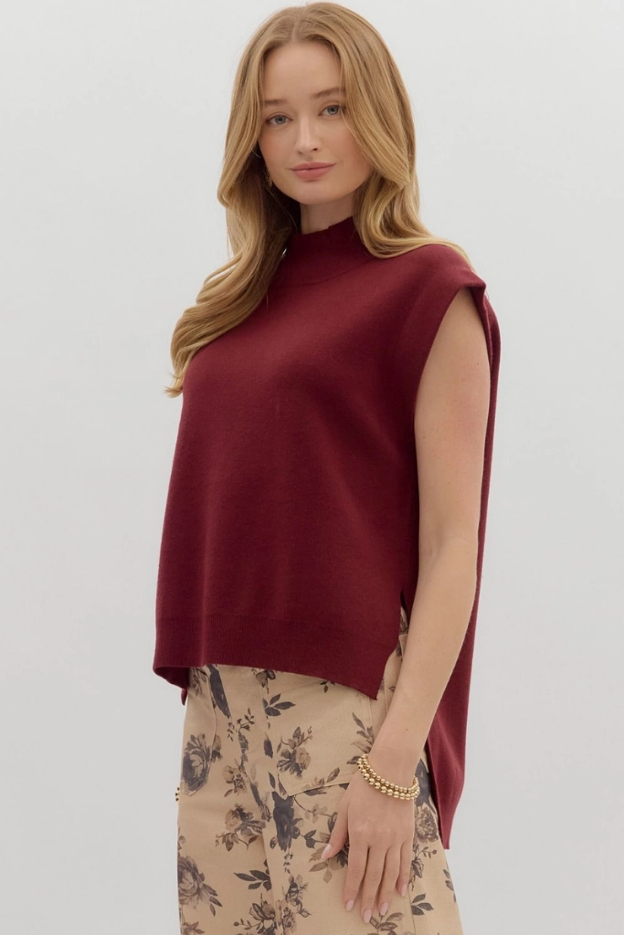 SubtleTexture Cleo Sleeveless Mock Neck Sweater in Burgandy