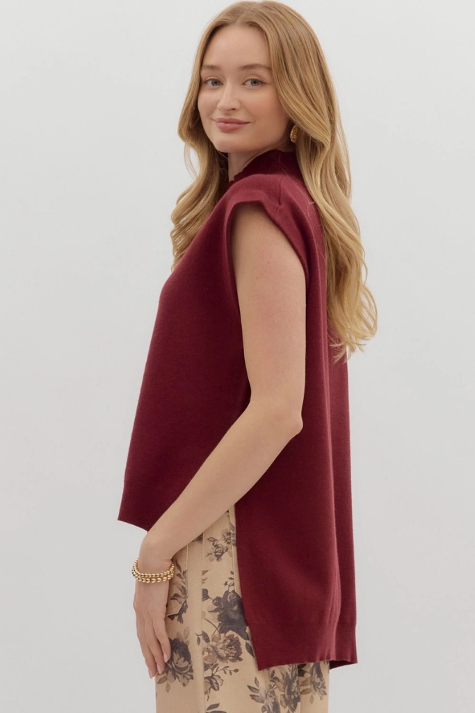Cleo Sleeveless Mock Neck Sweater in Burgandy Sustainable Textile