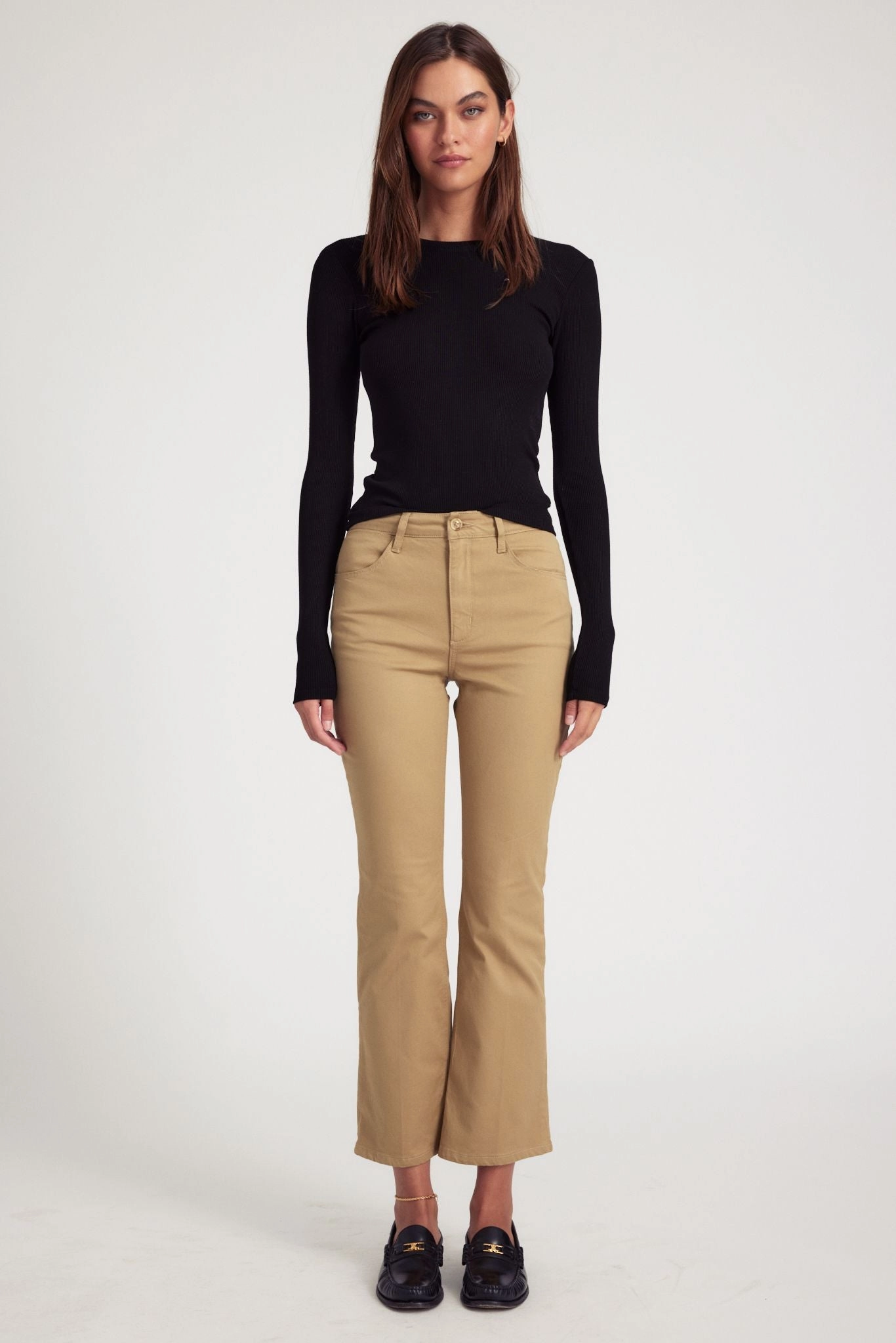 Ultimate Comfort Double Layered Hem Khaki 5 Pocket Ankle Flare Pants