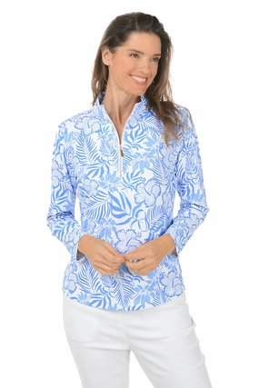 Elegant Cut Ribbed Hemline Hibiscus Garden Mock Neck UPF50  Top