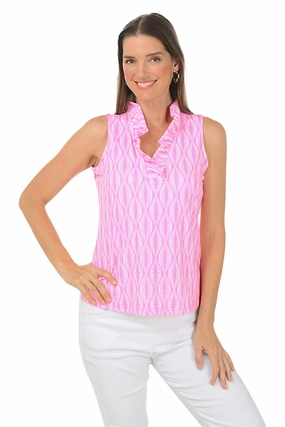 Pink Dot Your Eyes UPF50  Ruffle Sleeveless Top FourWay Stretch CrewNeck