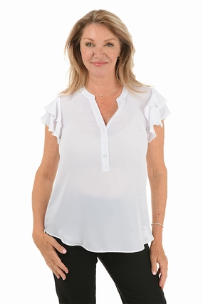 Solid Crepe Ruffled Short Sleeve Blouse Office Attire