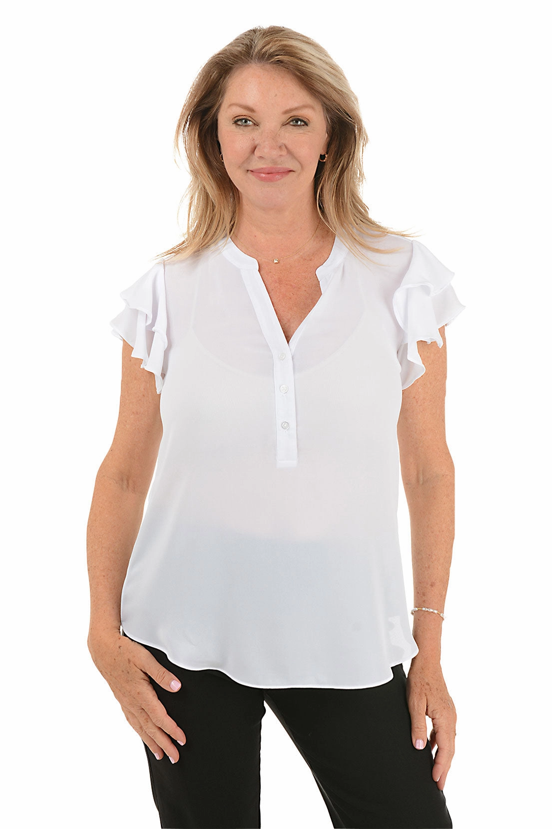 Solid Crepe Ruffled Short Sleeve Blouse Easycare UVProtective Coating