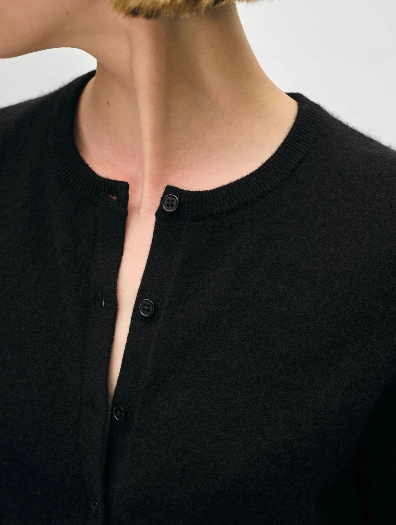 Cashmere Crewneck Cardigan Black Interlock Knit Tailored Seams