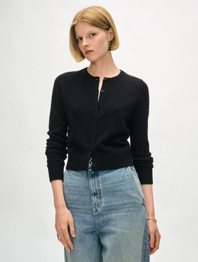Wrinkle Free Texture Anti Pilling Finish Cashmere Crewneck Cardigan Black