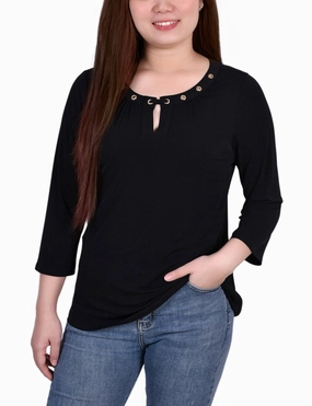 3/4 Sleeve Grommet Top Cozy Wear