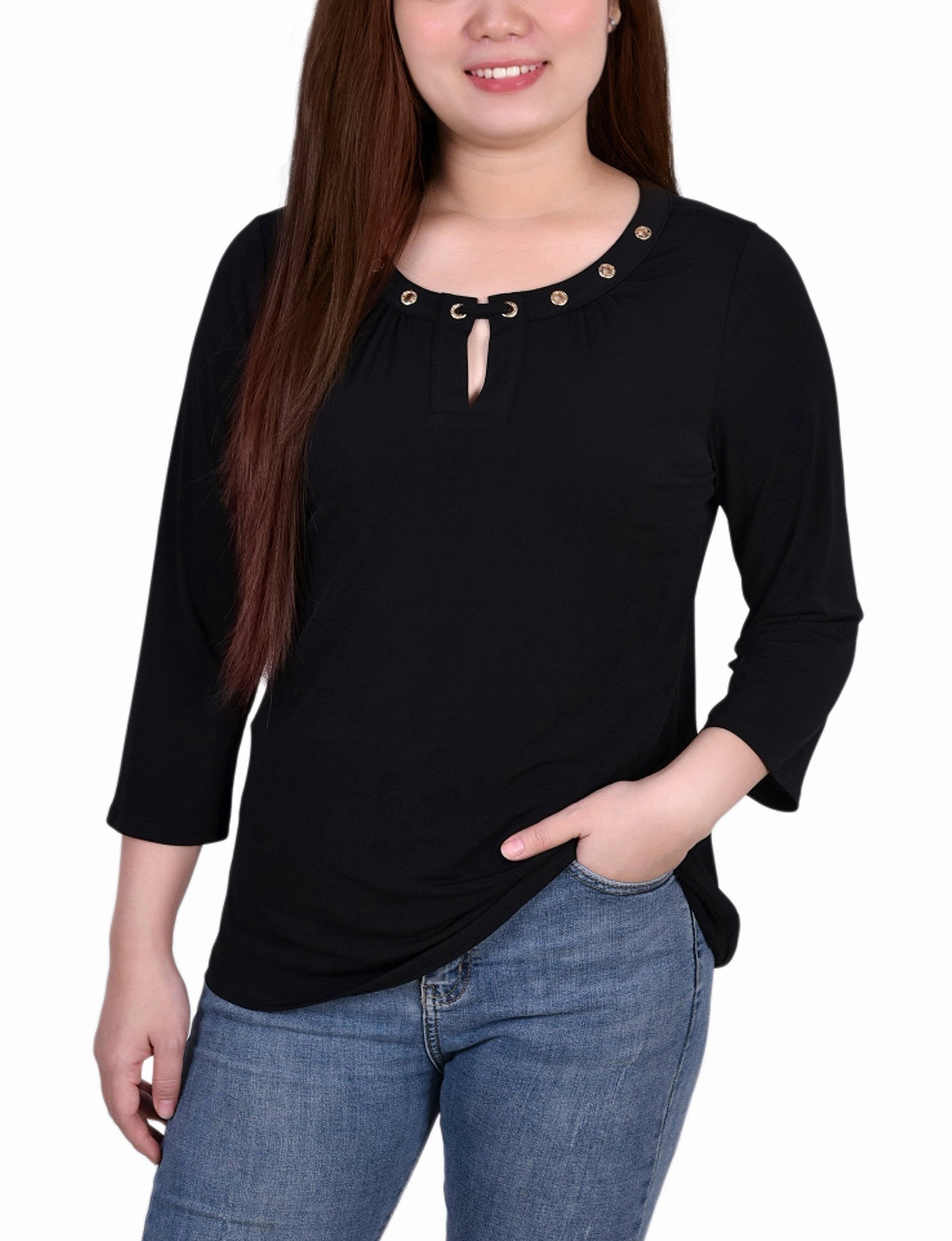 SoftFeel Fabric 3/4 Sleeve Grommet Top