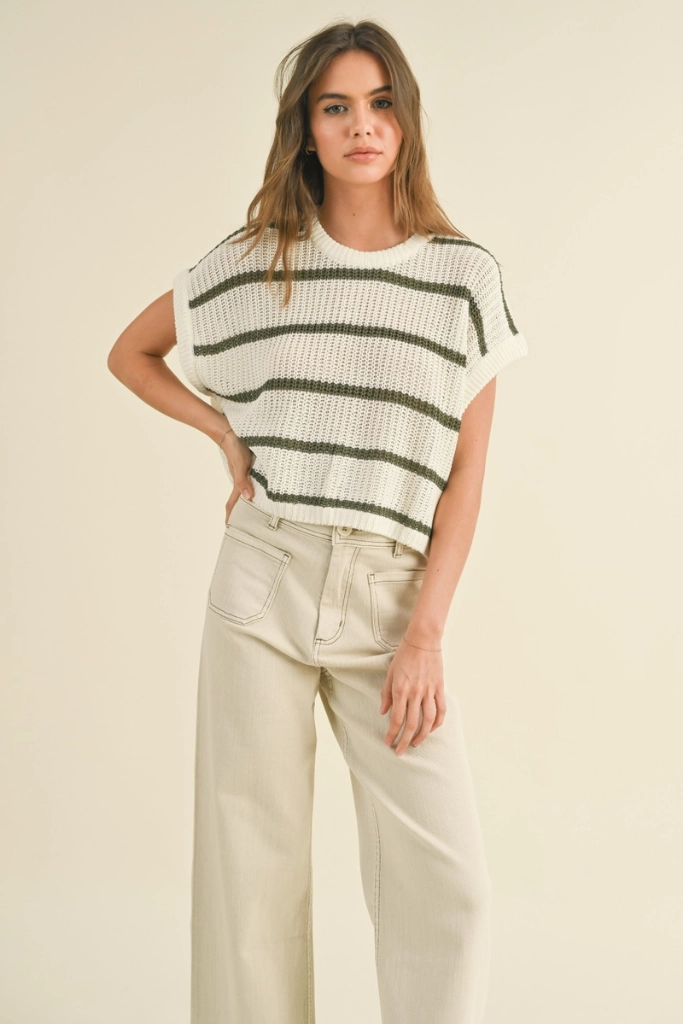 Ergonomic Cut Odor Resistant Maggie Stripe Cap Sleeve Sweater in Olive Stripe
