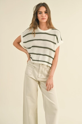 Ergonomic Cut Odor Resistant Maggie Stripe Cap Sleeve Sweater in Olive Stripe