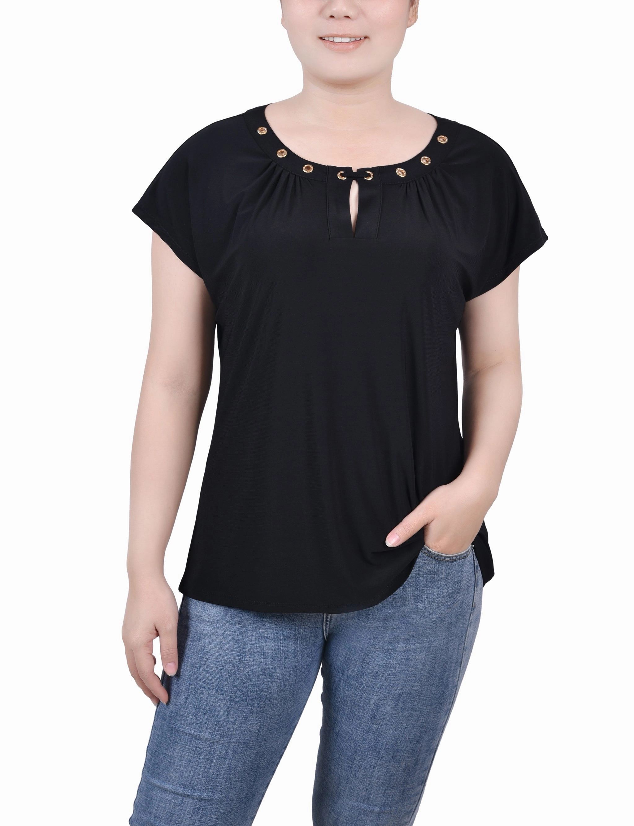 Short Extended-Sleeve Grommet Neck Knit Top Softened Edges