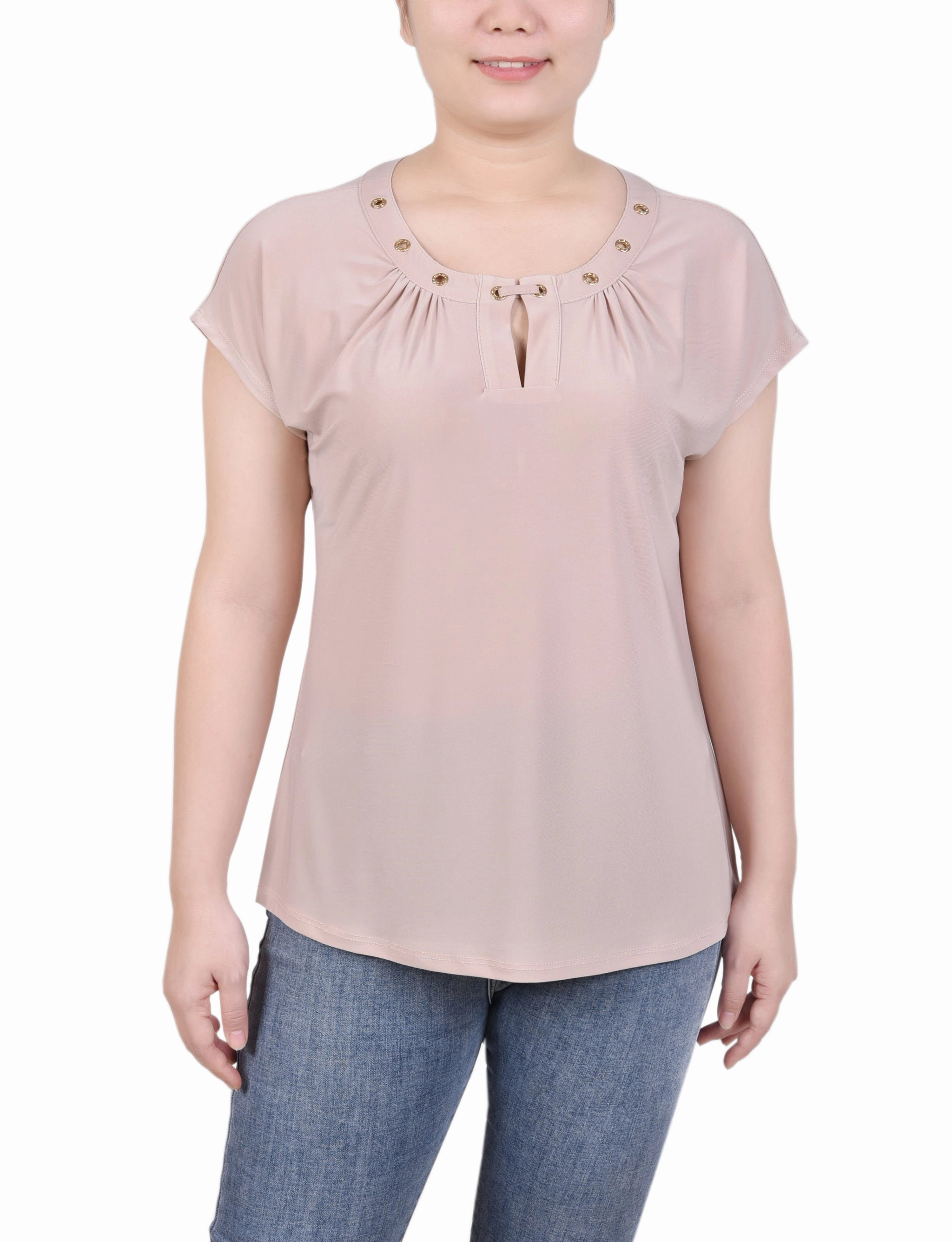 Short Extended-Sleeve Grommet Neck Knit Top LowMaintenanceFabric