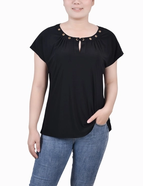 Short Extended-Sleeve Grommet Neck Knit Top Softened Edges