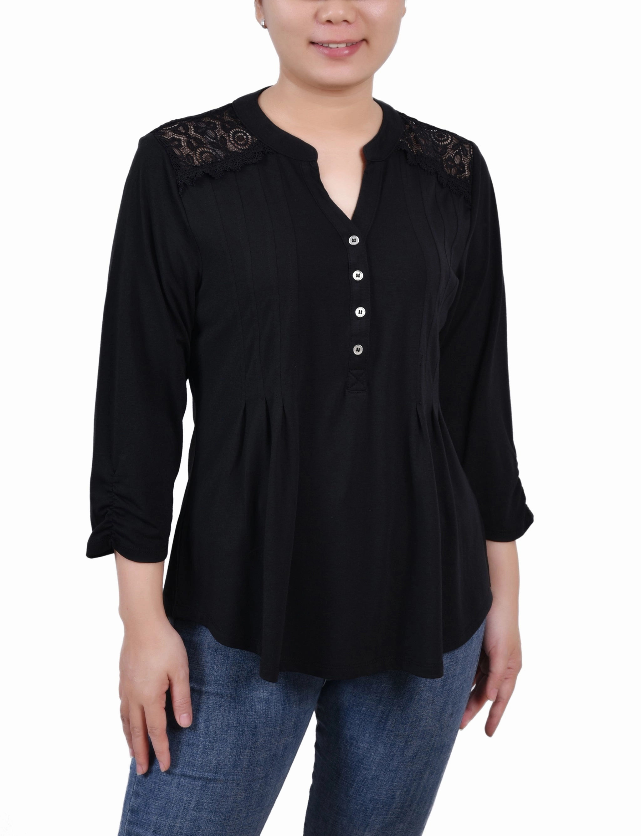 Rouched Sleeve Pintuck Top Ultra Soft Handfeel