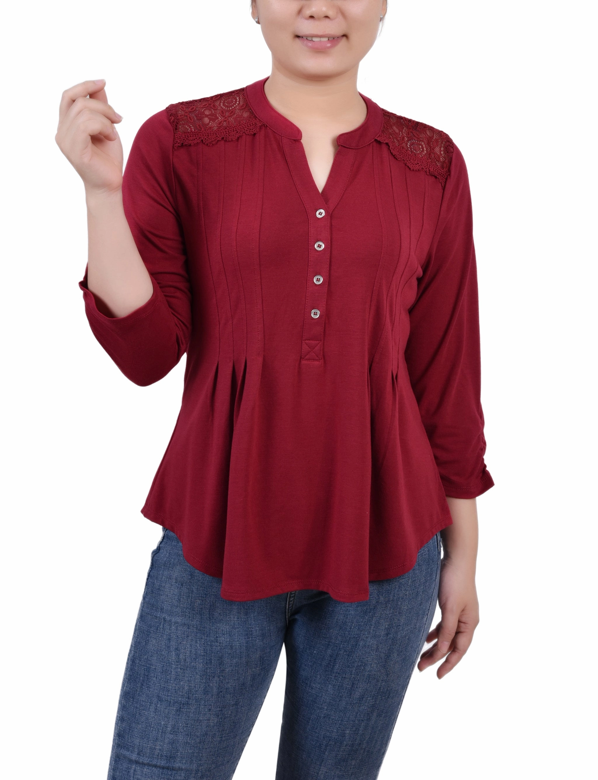 QuickDry Texture FlexibleMobility Rouched Sleeve Pintuck Top