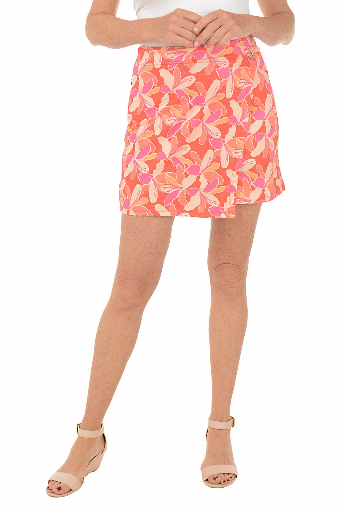 Easy Care Material Stretch Woven Fabric Lily Dayglow UPF50 Wrap Front Skort