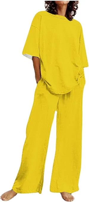 Linen 2 Piece Sets for Women Summer Plus Size Short Sleeve Lounge Tops and Matching Straight Pants with Pockets Outfit