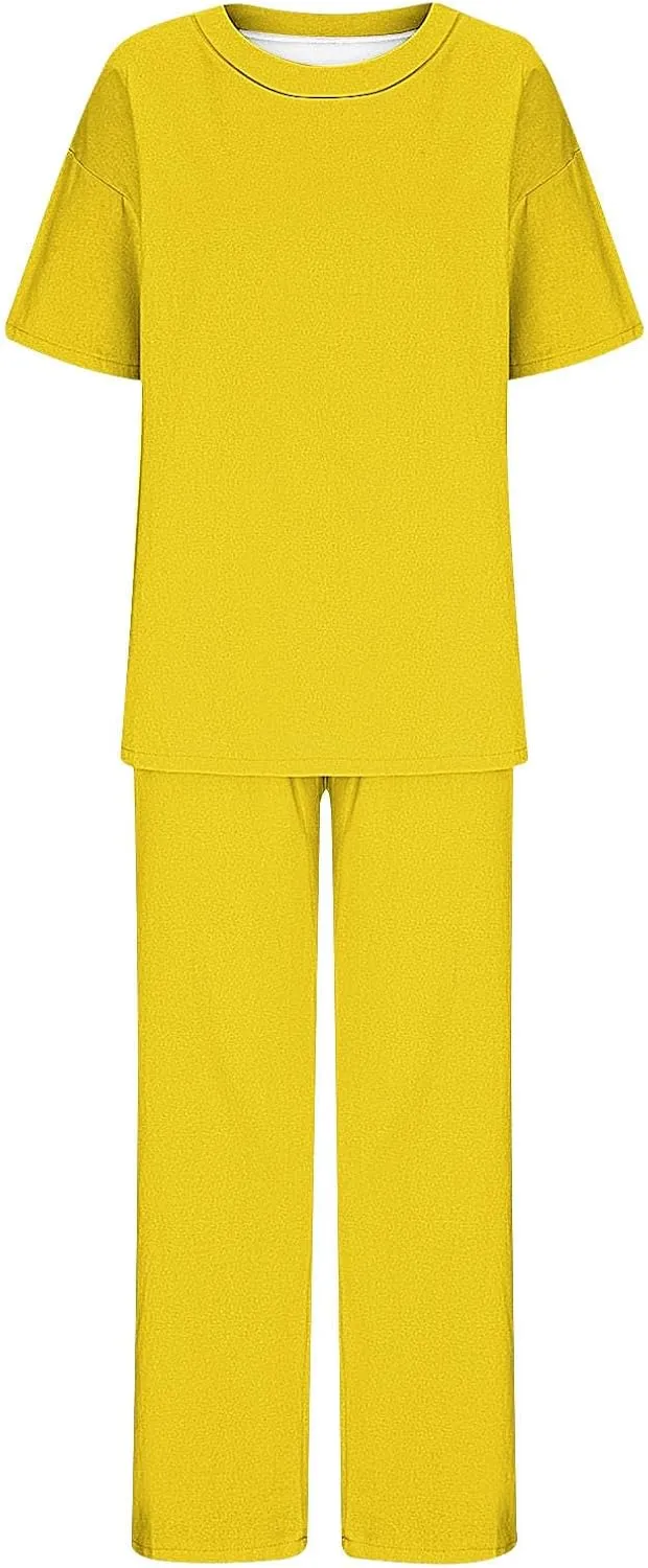 Linen 2 Piece Sets for Women Summer Plus Size Short Sleeve Lounge Tops and Matching Straight Pants with Pockets Outfit