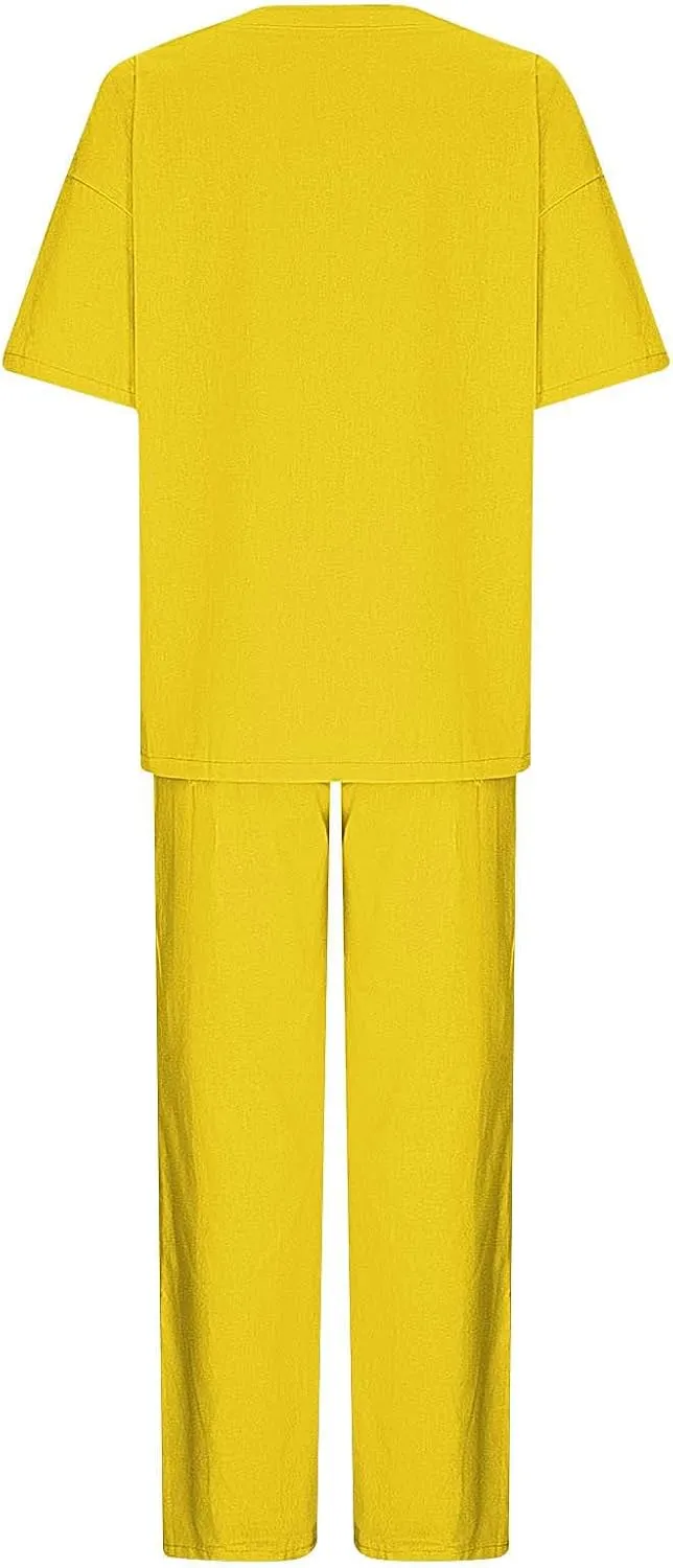 Linen 2 Piece Sets for Women Summer Plus Size Short Sleeve Lounge Tops and Matching Straight Pants with Pockets Outfit