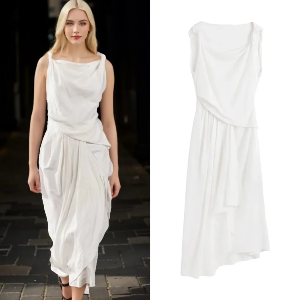 Linen Blend Women's Asymmetric Dress Pleated Drape Sleeveless Casual Robe M 40288