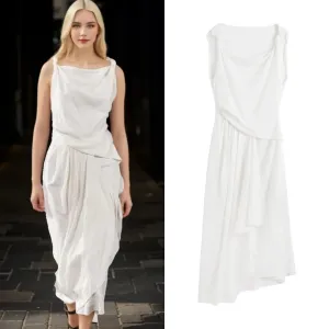 Linen Blend Women's Asymmetric Dress Pleated Drape Sleeveless Casual Robe M 40288