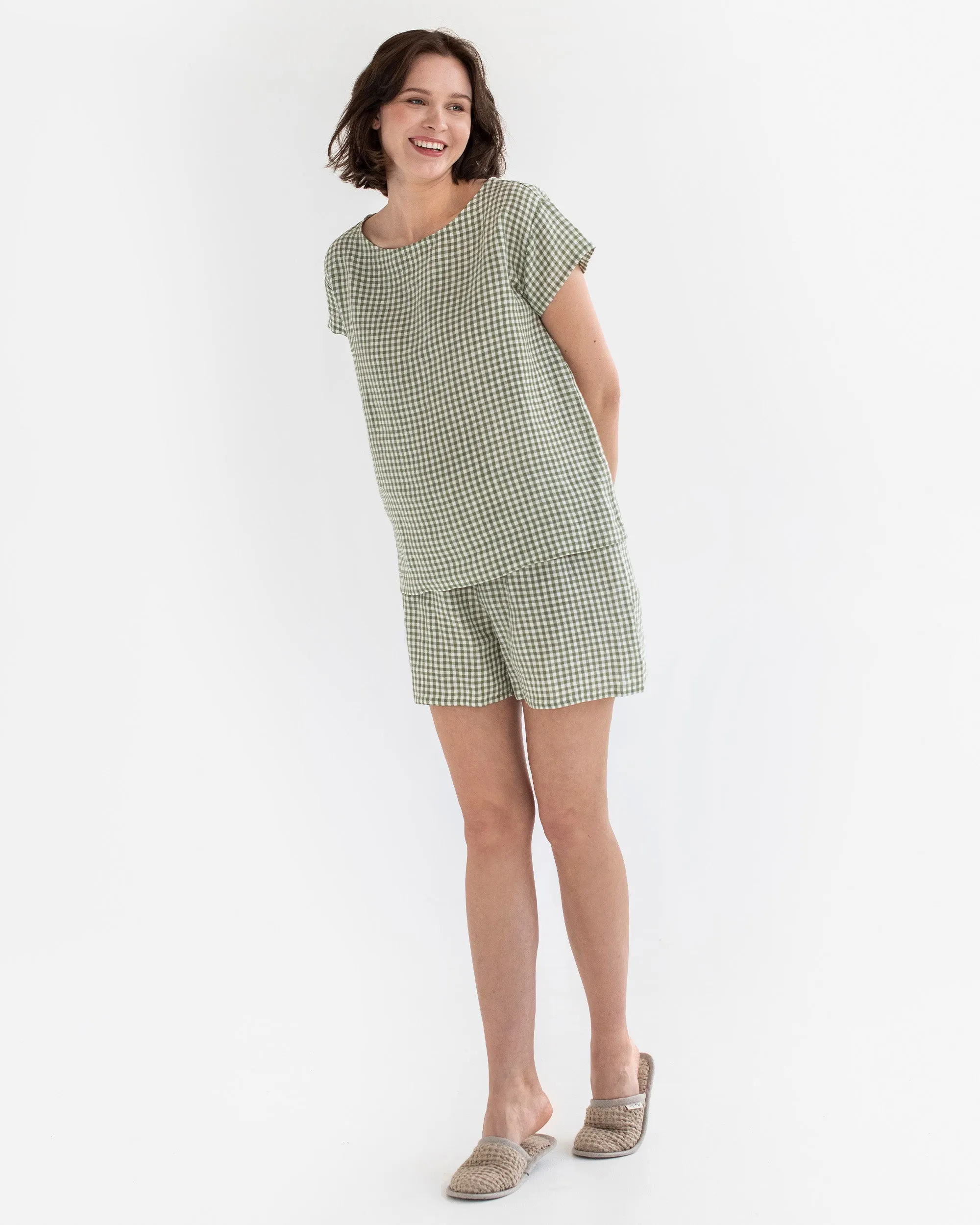 Linen pajama set Luni in Forest green gingham
