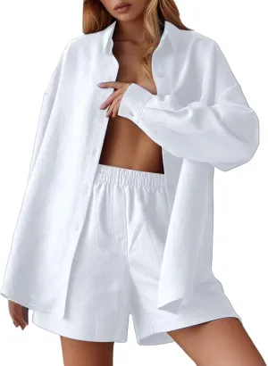 Linen Set for Women Long Sleeve Button down Shirts Matching Boxer Shorts Sets Loungewear Matching Sets Women Clothing