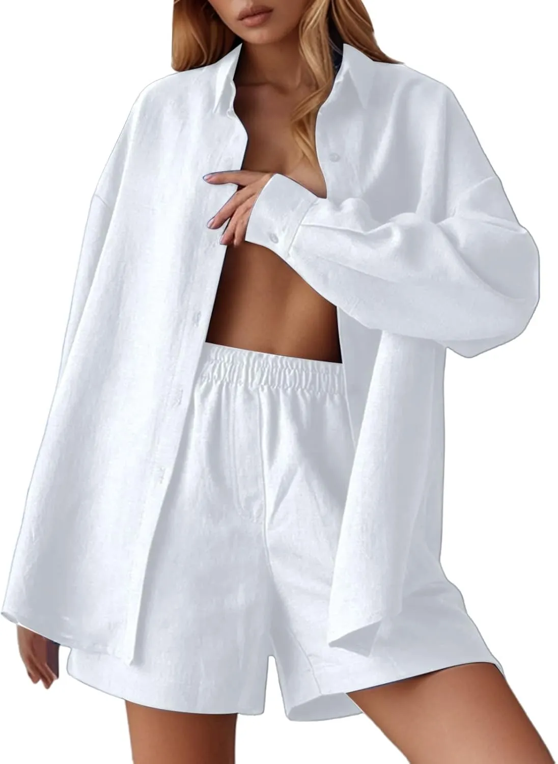 Linen Set for Women Long Sleeve Button down Shirts Matching Boxer Shorts Sets Loungewear Matching Sets Women Clothing