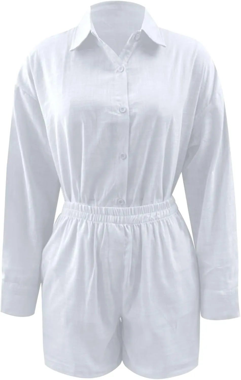 Linen Set for Women Long Sleeve Button down Shirts Matching Boxer Shorts Sets Loungewear Matching Sets Women Clothing