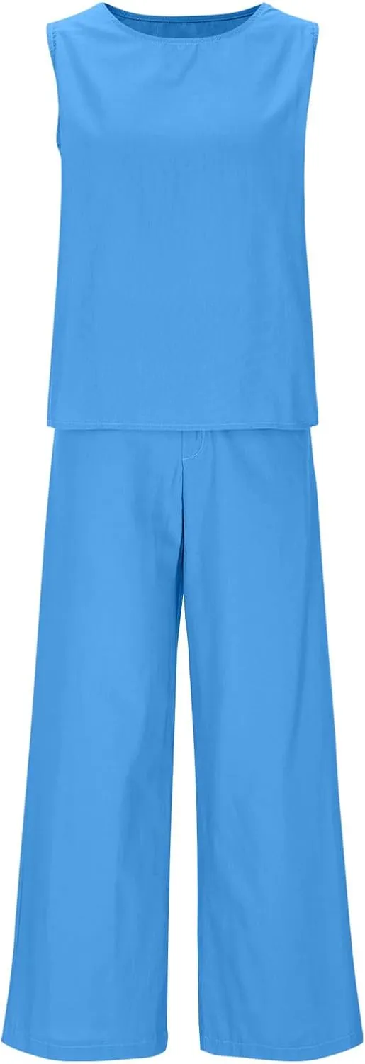 Linen Sets for Women 2 Piece Sleeveless Tank Tops Wide Leg Pants with Pockets Dressy Casual Beach Vacation Clothes