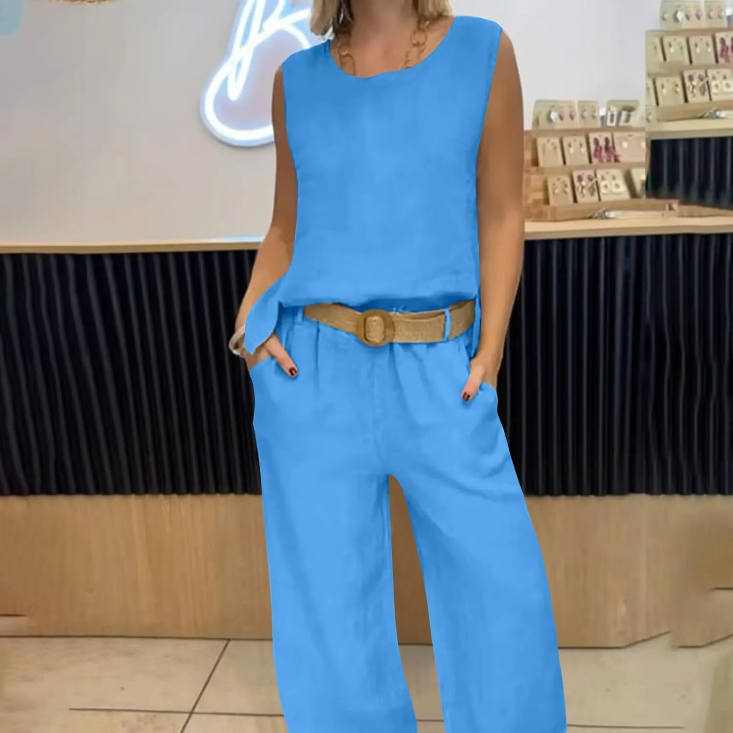 Linen Sets for Women 2 Piece Sleeveless Tank Tops Wide Leg Pants with Pockets Dressy Casual Beach Vacation Clothes