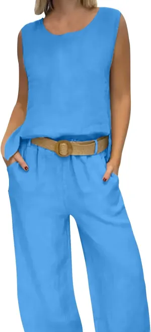 Linen Sets for Women 2 Piece Sleeveless Tank Tops Wide Leg Pants with Pockets Dressy Casual Beach Vacation Clothes