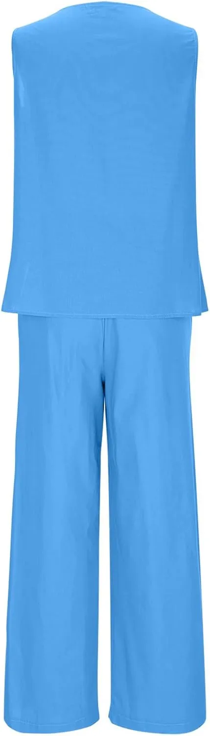 Linen Sets for Women 2 Piece Sleeveless Tank Tops Wide Leg Pants with Pockets Dressy Casual Beach Vacation Clothes