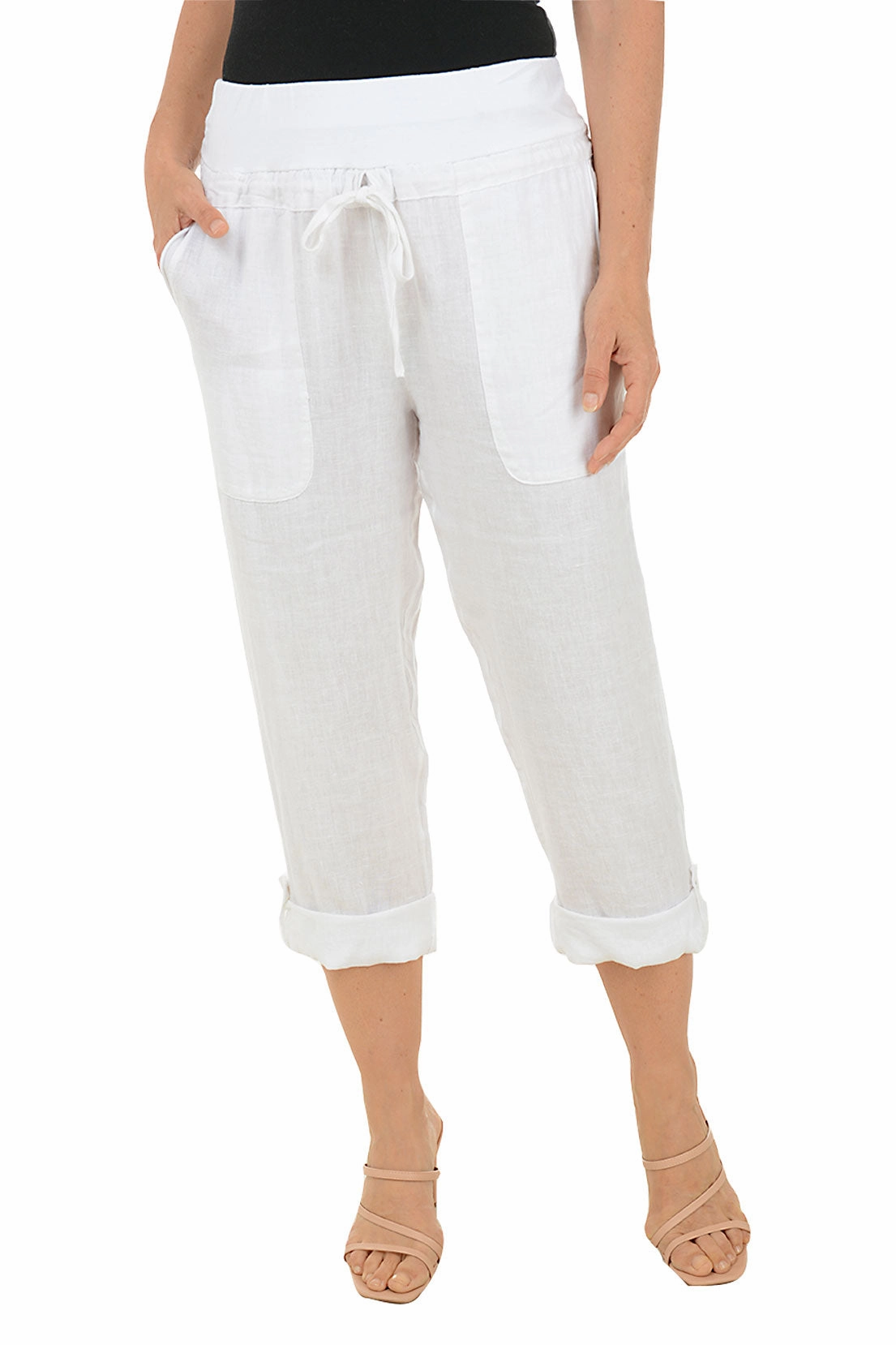 Linen Buttoned Roll Tab Capri Pant Cozy And Stylish Rugged Fit