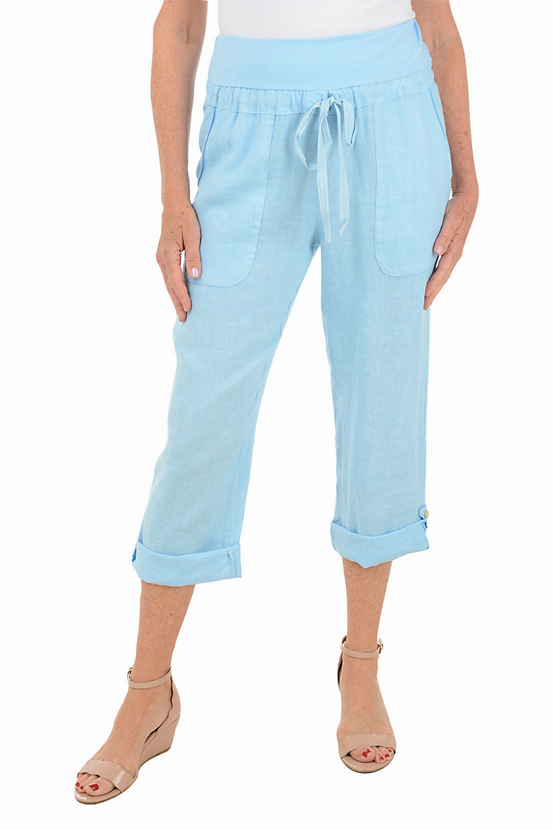 Linen Buttoned Roll Tab Capri Pant Chilly Layering