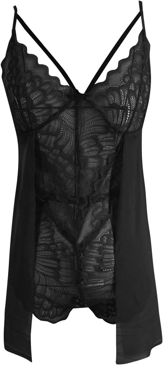 Lingerie for Women Sexy Babydoll Lace Chemise Curvy Strappy Push Up Bodysuit Flowy Mesh Sheer Cut Out One Piece Set