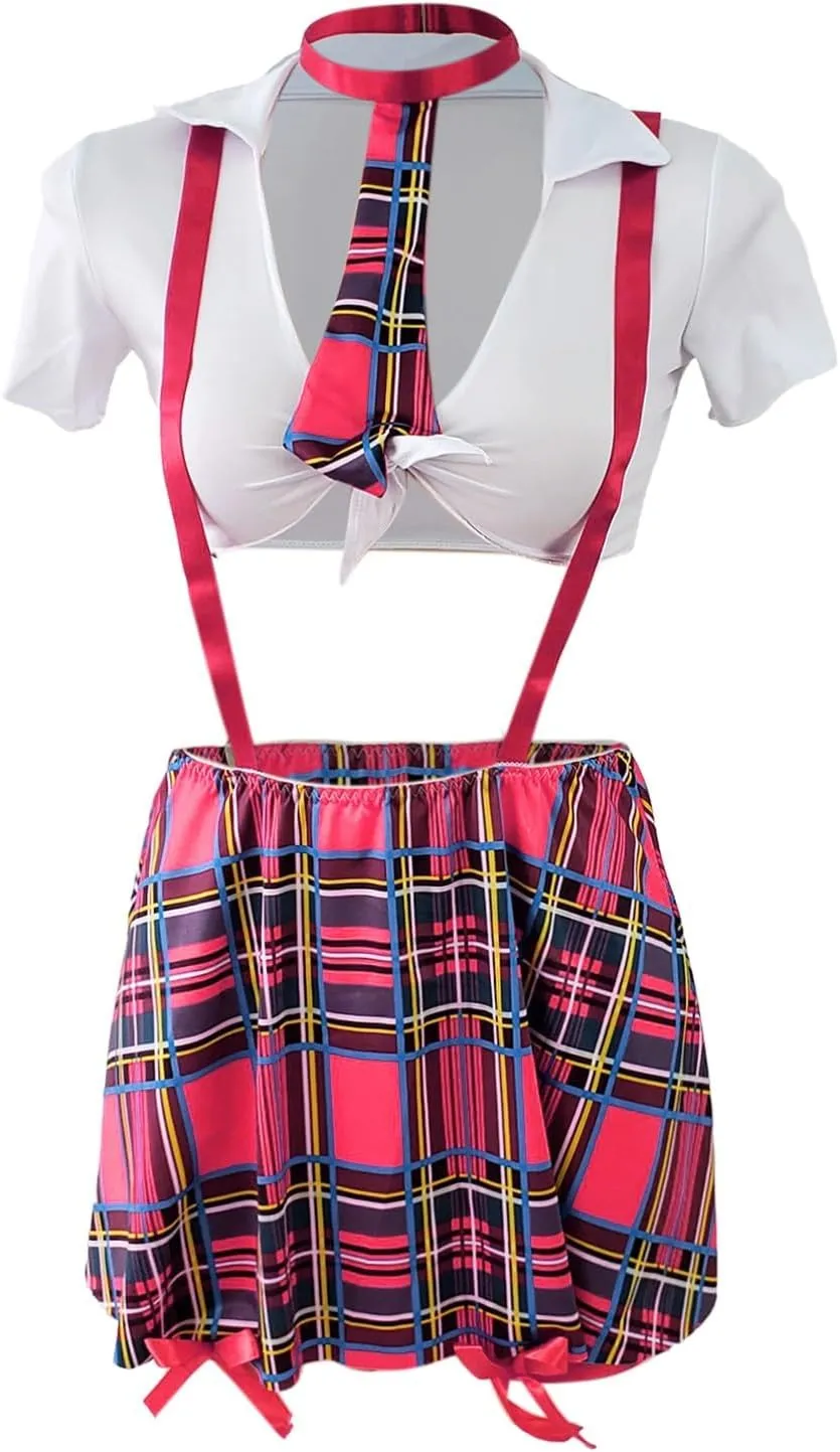 Lingerie for Women Sexy Schoolgirl Costume 0utfit Lingerie Set Student Cosplay Roleplay with Top and Mini Overall Skirt