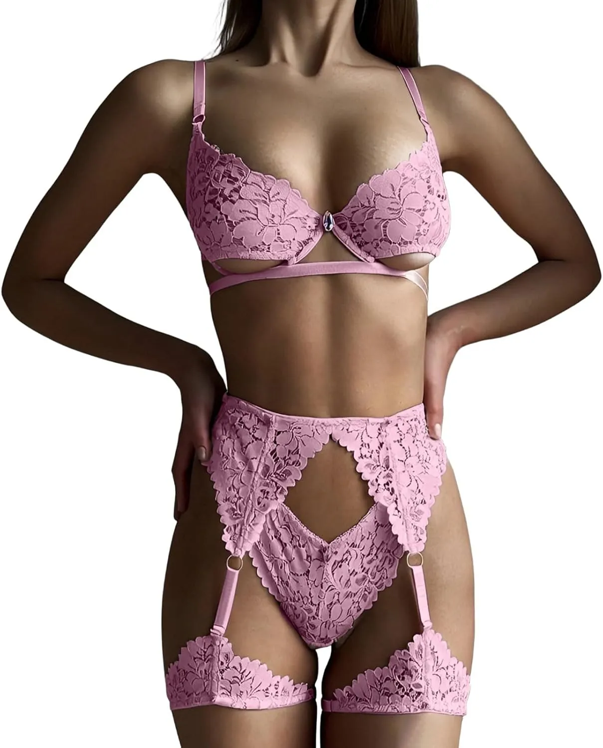 Lingerie Set for Women Heart Embroidery Valentines Lingerie Mesh Sheer Bra Panty Sets Cut Out Garter Belt