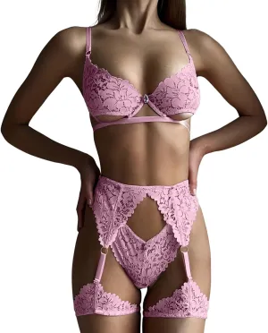 Lingerie Set for Women Heart Embroidery Valentines Lingerie Mesh Sheer Bra Panty Sets Cut Out Garter Belt