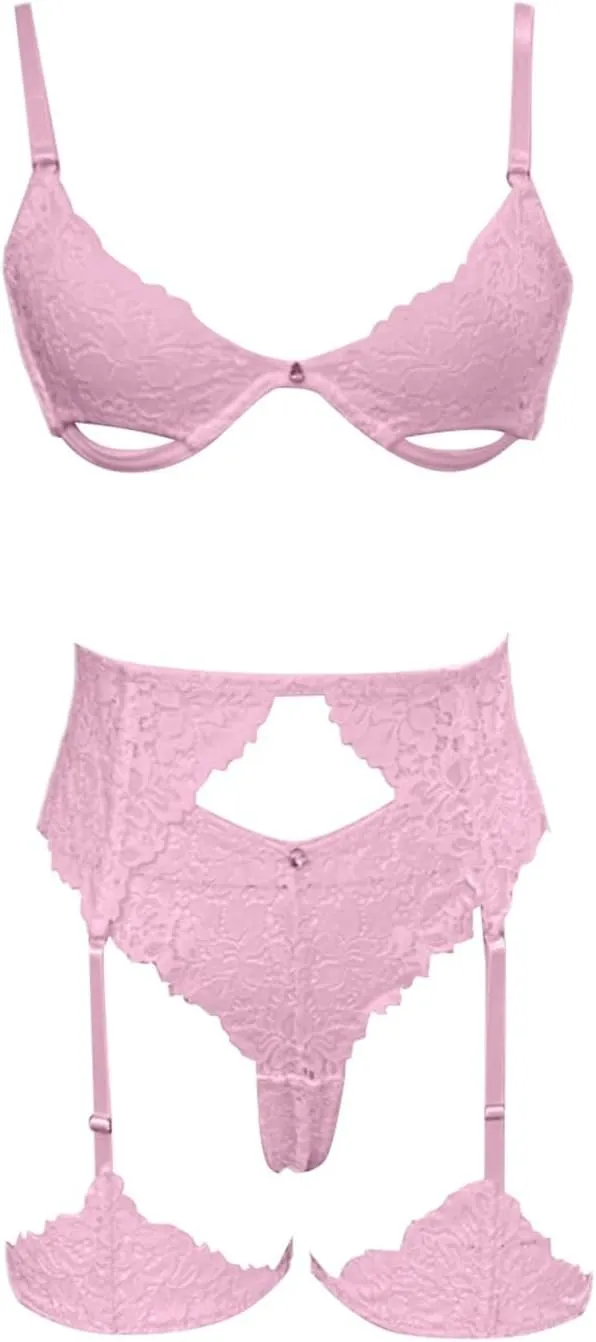 Lingerie Set for Women Heart Embroidery Valentines Lingerie Mesh Sheer Bra Panty Sets Cut Out Garter Belt