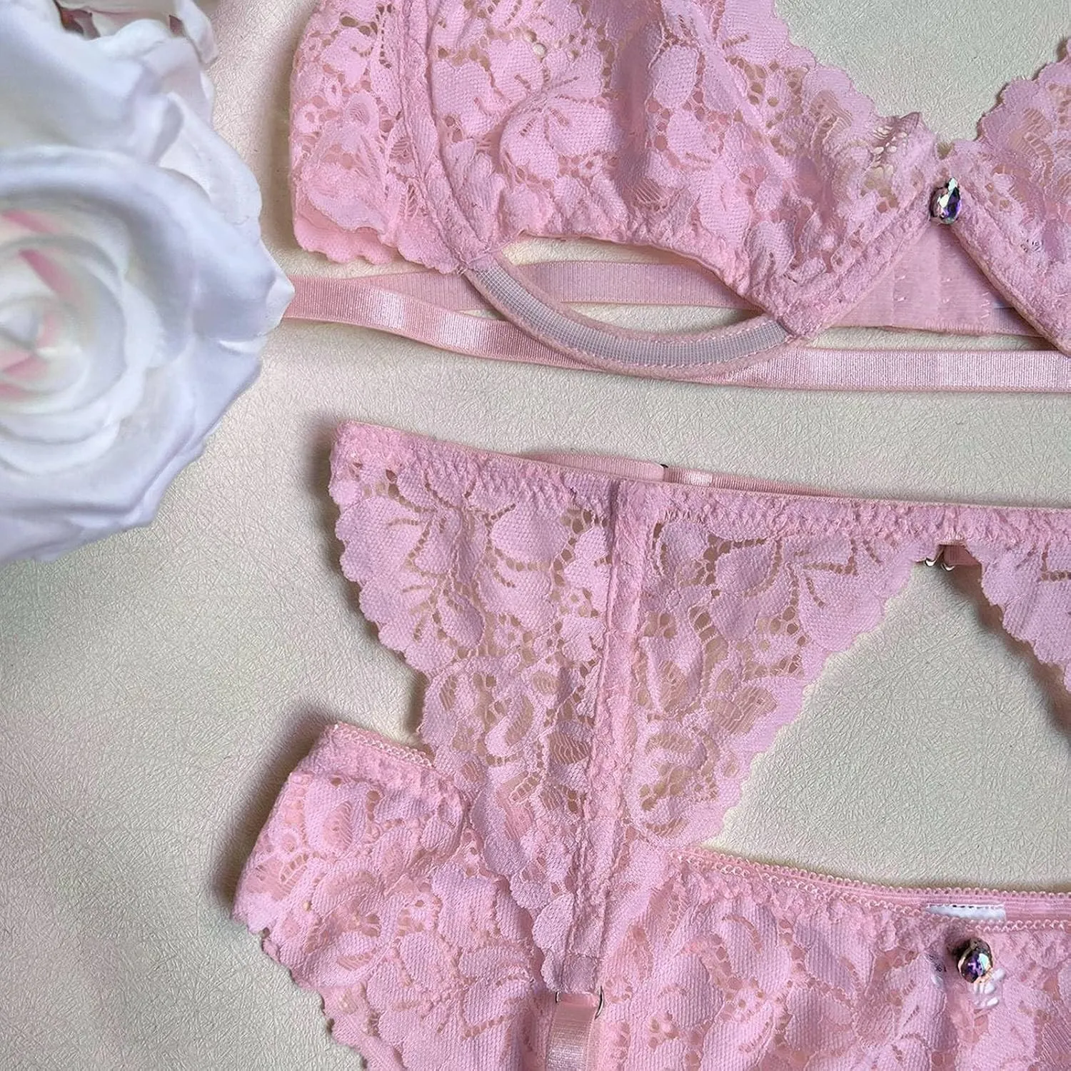 Lingerie Set for Women Heart Embroidery Valentines Lingerie Mesh Sheer Bra Panty Sets Cut Out Garter Belt