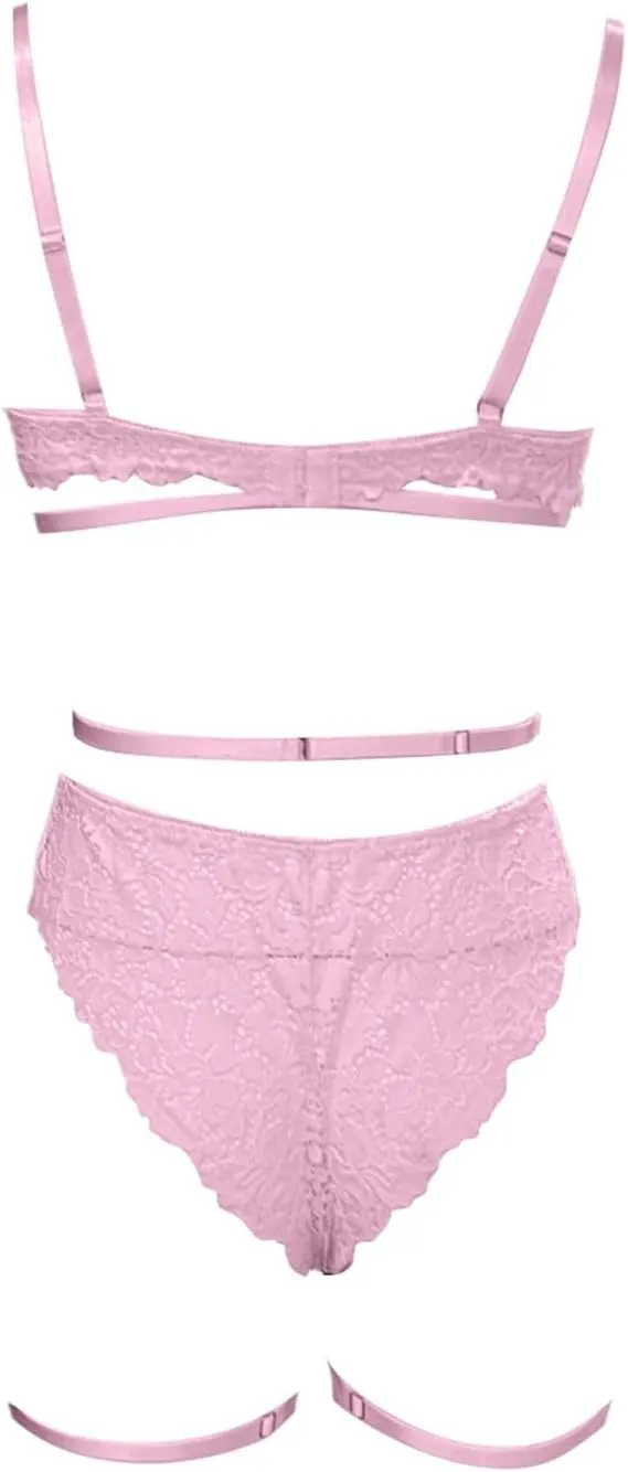 Lingerie Set for Women Heart Embroidery Valentines Lingerie Mesh Sheer Bra Panty Sets Cut Out Garter Belt