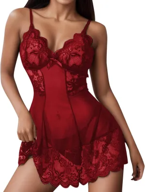 Lingerie Set Women's Lace Babydoll Lingerie Set,Sheer Mesh with G-String,Perfect for Valentine's Day